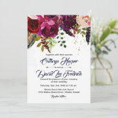 Boho Bold Burgundy Navy Floral Wedding Invitation Kaart (Staand voorkant)