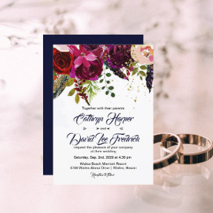 Boho Bold Burgundy Navy Floral Wedding Invitation Kaart