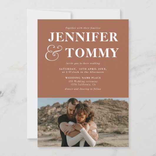 Boho bold names retro 2 foto's bruiloft terracotta kaart (Voorkant)