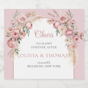 Boho boog blush pioenen pampas gras eucalyptus sparkling wijnetiket