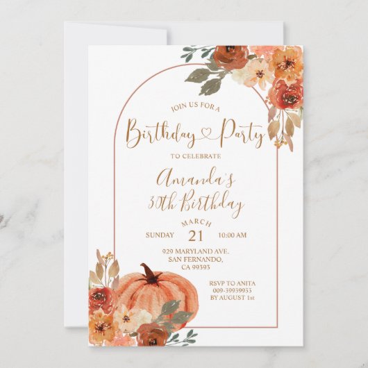 Boho Boog Herfst Pompoen Verjaardag 30ste Feest Kaart (Voorkant)