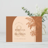 Boho Boog Palmboom Strand Foto Terracotta Trouwfee Save The Date (Staand voorkant)