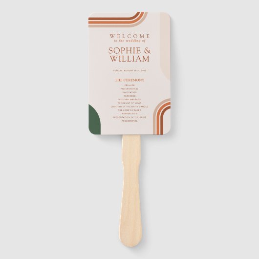 Boho-boog trouwprogramma-waaier, ceremonieprogramm handwaaier (Voorkant)