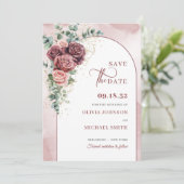 Boho boogblush bordeaux bloemeneucalyptus goud save the date (Staand voorkant)