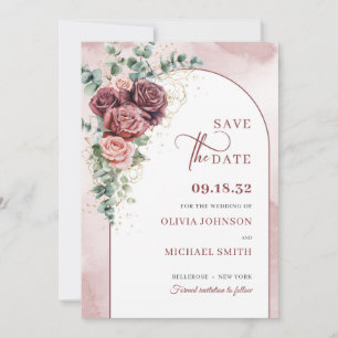Boho boogblush bordeaux bloemeneucalyptus goud save the date