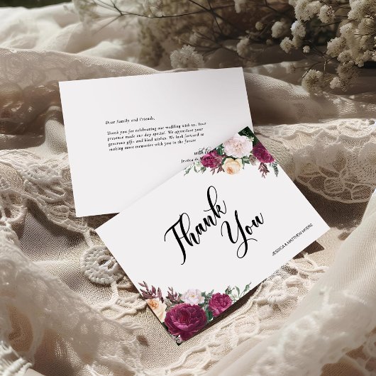 Boho bordeaux bloemrijke script bruiloft bedankkaart
