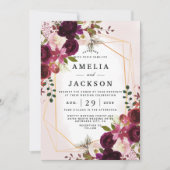 Boho Bordeaux Florals Invitation géométrique (Devant)