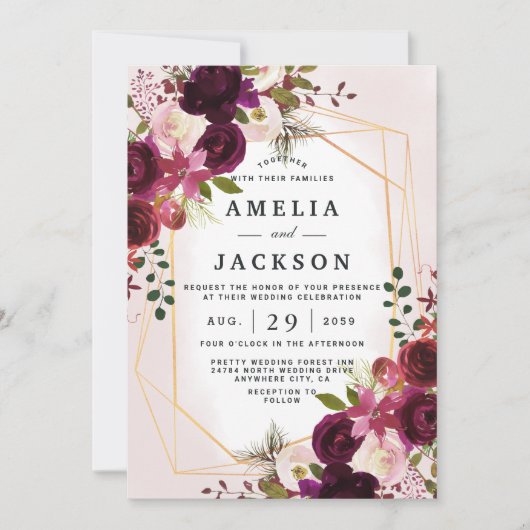Boho Bordeaux Florals Invitation géométrique (Devant)