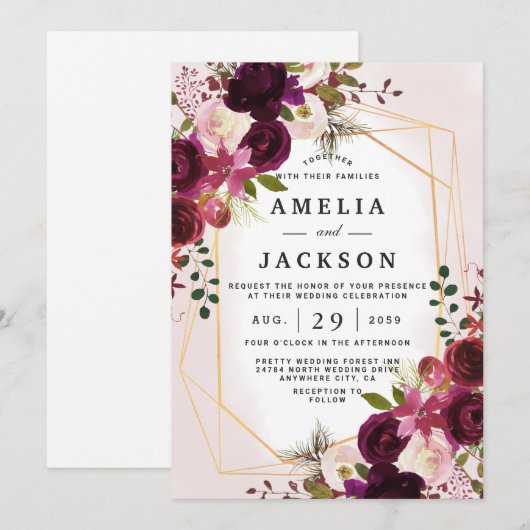 Boho Bordeaux Florals Invitation géométrique (Devant / Derrière)