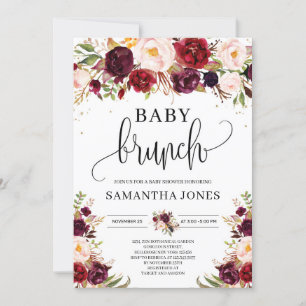 Boho bordeaux marsala floral gold baby brunch kaart