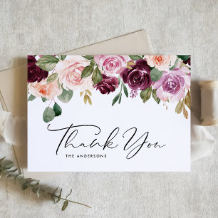 Boho bordeauxrode en perzikbloemen herfsttrouwdag bedankkaart