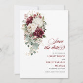 Boho bordeauxrood wit goud bloemen save the date k kaart (Voorkant)
