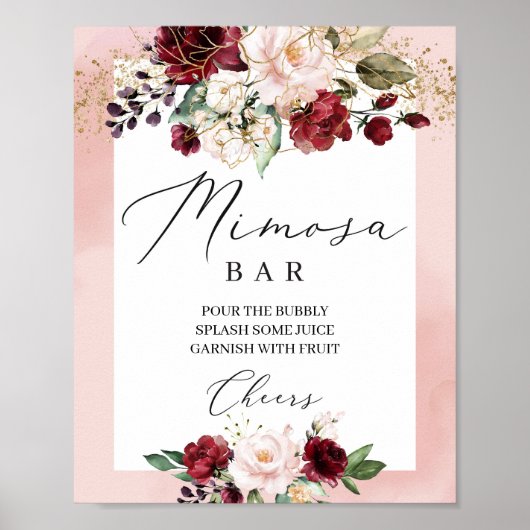 Boho bordeauxroze roze bloemige mimosa bar bord poster (Voorkant)