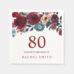 Boho Bordo Burgundy Red Flowers 80th Birthday Servetten