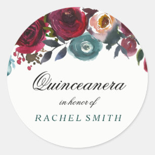 Boho Bordo Burgundy Red Flowers Quinceanera Ronde Sticker