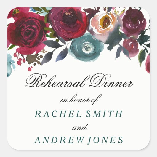 Boho Bordo Burgundy Red Flowers Rehearsal Dinner Vierkante Sticker (Voorkant)