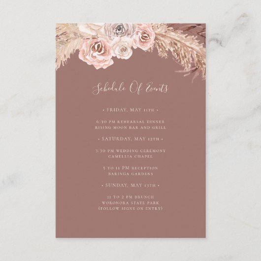 Boho Botanical Dusty Roos Schedule of Events Informatiekaartje (Voorkant)