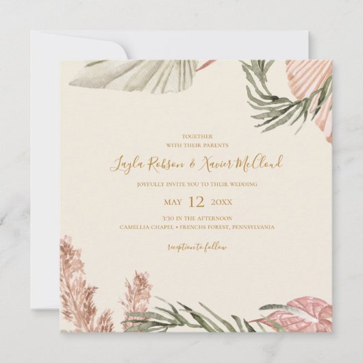 Boho Botanical | Eenvoudig Olive Green Square Wedd Kaart (Voorkant)
