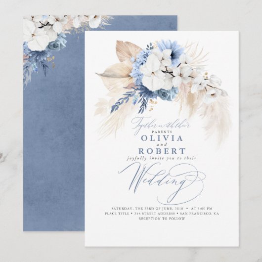 Boho Botanical Floral Modern Dusty Blue Wedding Kaart (Voorkant / Achterkant)