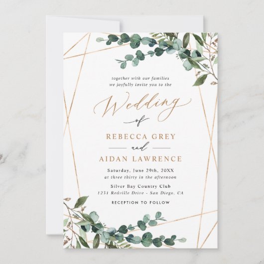 Boho Botanical Modern Greenery Gold Wedding Kaart (Voorkant)