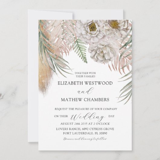 Boho Botanical Pampas Grass Wedding Invitation (Devant)