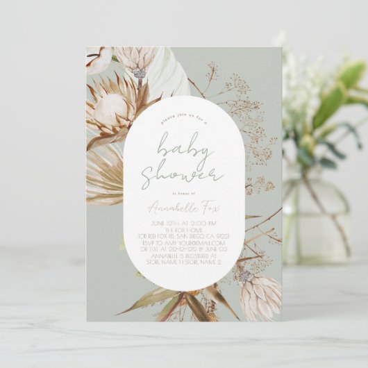 Boho Botanical Sage Baby shower Invitation Kaart (Staand voorkant)