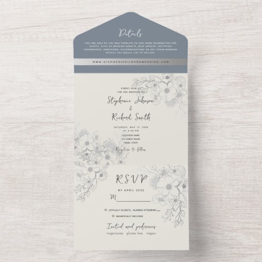 Boho Botanique Dusty Blue All-in-One Invitation (À l'intérieur)