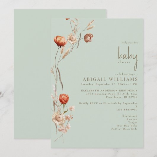 Boho Botanische Lichte Salie Baby shower Kaart (Voorkant / Achterkant)