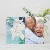 Boho Botanische Marine Dusty Blauwe Foto Trouwen Kaart (Staand voorkant)