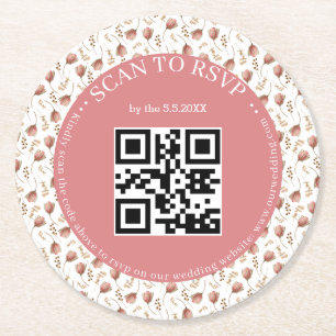 Boho Botanische RSVP QR Code Bruiloft Stijlvol Ronde Kartonnen Onderzetter