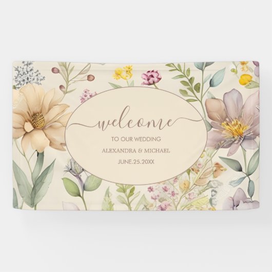 Boho Botanische Waterverf Wildbloemen Weddenschap Spandoek (Horizontaal)