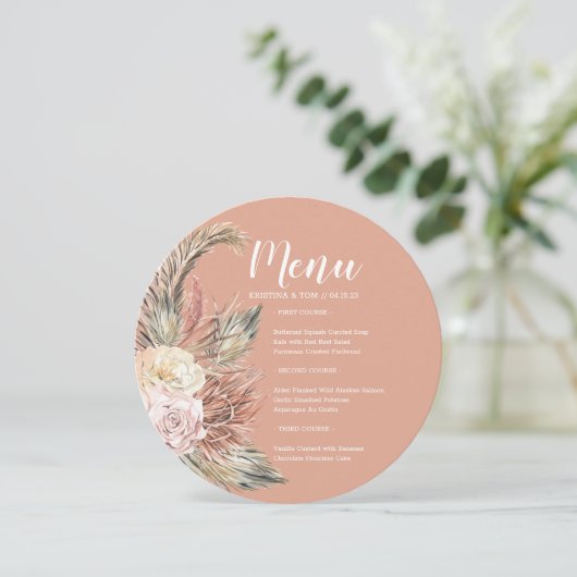 Boho Bouquet Menu Round Invitation (Debout devant)