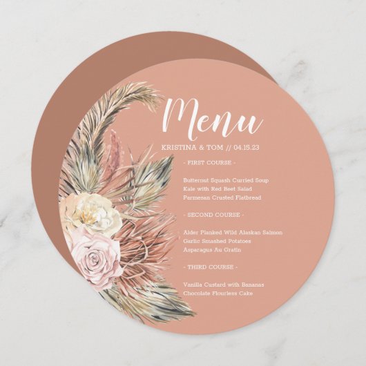 Boho Bouquet Menu Round Invitation (Devant / Derrière)