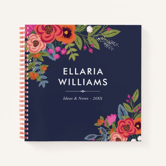 Boho Bouquets - Navy Blue & Coral - Naam Notitieboek (Voorkant)