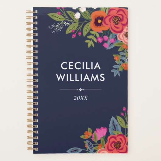 Boho Bouquets - Navy Blue & Coral - Naam Planner (Voorkant)