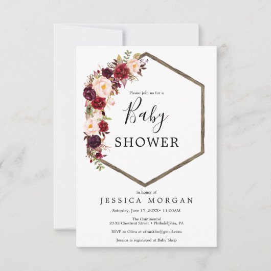 Boho Bourgogne Baby shower Invitation Kaart (Voorkant)