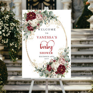 Boho Bourgogne Bloemen Gouden Baby Shower Welkom Poster