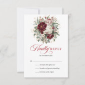 Boho Bourgogne Fleurs Verdure Or Mariage RSVP (Devant)