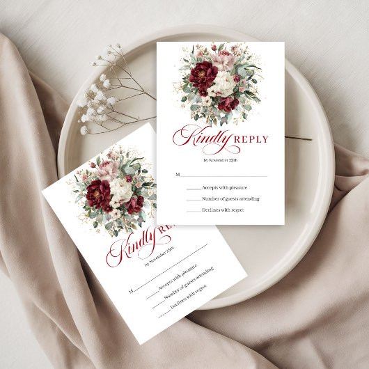 Boho Bourgogne Fleurs Verdure Or Mariage RSVP