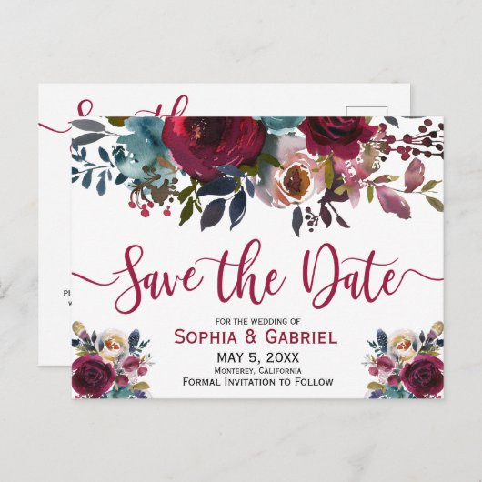Boho Bourgogne Marsala Navy Bloemen Save the Date Aankondigingskaart (Voorkant / Achterkant)