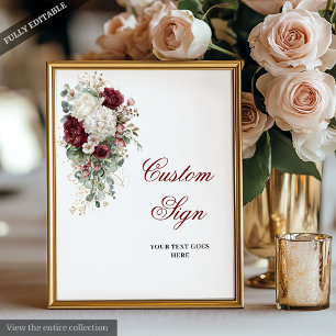 Boho Bourgogne Witte Bloemen Huwelijk Custom Sign Poster