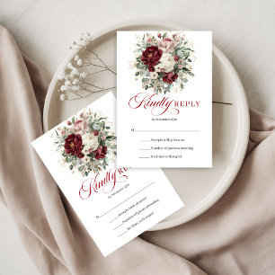 Boho Bourgondië Bloemen Groene takken Goud Huwelij RSVP Kaartje