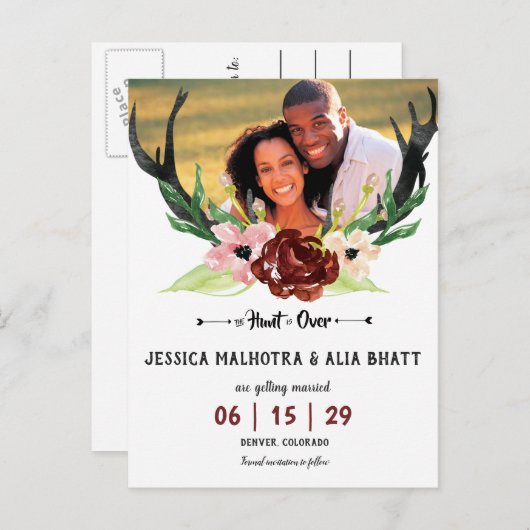 Boho Bourgondië Bloemrijke Jacht is Voorbij Sla de Aankondigingskaart (Voorkant / Achterkant)