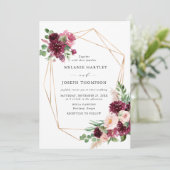 Boho Bourgondië & Blush Bloemen Goud Lijst Bruilof Kaart (Staand voorkant)