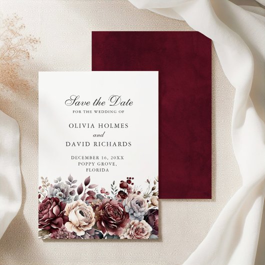 Boho Bourgondië & Blush Bloemen Save the Date Kaar