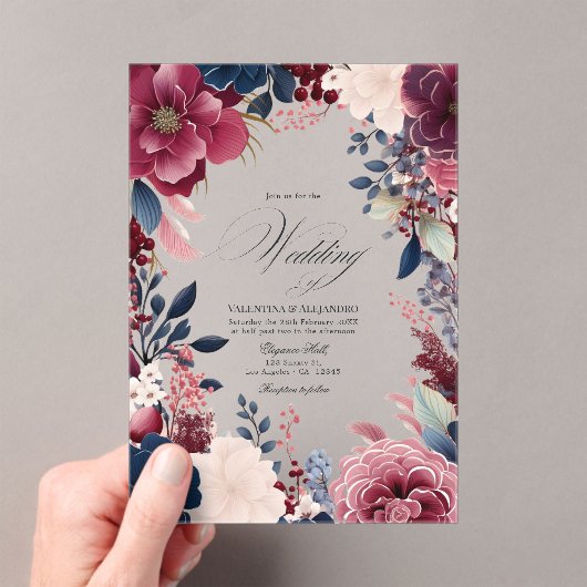 Boho Bourgondië en marine rustieke bloemen bruilof Acryl Uitnodigingen (Insitu (Draagbaar))
