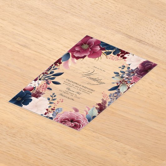 Boho Bourgondië en marine rustieke bloemen bruilof Acryl Uitnodigingen (Laagn)