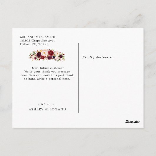 Boho Bourgondië Floral bruiloft dank u Briefkaart (Achterkant)