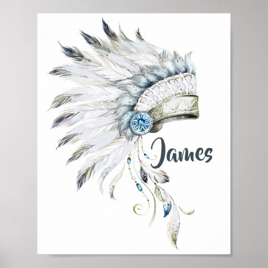 Boho Boy Feather Headdress Nursery Art Poster (Voorkant)