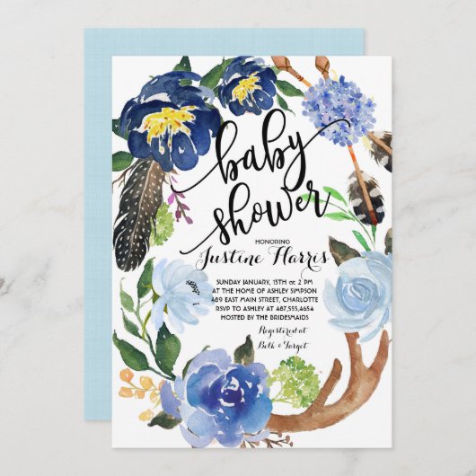 Boho Boy Feathers Baby shower Uitnodiging (Voorkant / Achterkant)